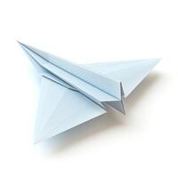 A sleek, light blue paper airplane presented on a clean white background, symbolizing creativity and imagination. photo