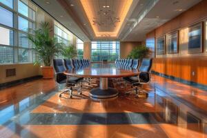 Spacious modern conference room with a large wooden table and comfortable chairs, illuminated by natural light. photo