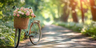 A charming vintage bicycle with a wicker basket filled with pink flowers, parked on a serene tree-lined path, bathed in warm sunlight. photo