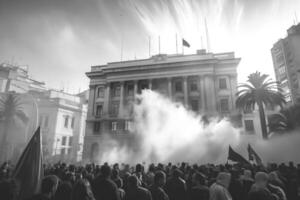 Crowd of people protesting outside a grand building, engulfed in smoke, capturing a tense and charged atmosphere. photo