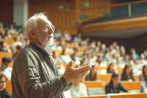 An elderly white male lecturer engages a diverse class of students in a modern lecture hall. photo