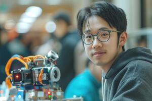 A young Asian male smiles while working on a robotics project at a technology exhibition. photo