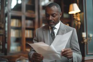 A middle-aged Black man in a tailored gray suit reads a document, reflecting deep concentration in a cozy library setting. photo