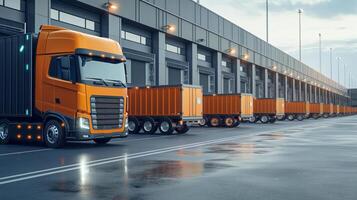 A fleet of orange heavy-duty trucks lined up at a modern warehouse loading dock. photo