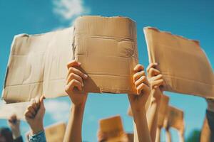 Hands of diverse protesters holding blank cardboard signs against a bright blue sky. photo