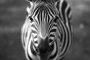 Close-up of a zebra, showcasing its distinctive black and white stripes in a striking monochrome tone. photo