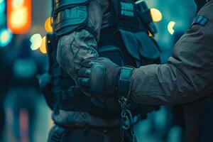 Close-up of two male law enforcement officers in tactical gear, showcasing a moment of teamwork under vibrant city lights. photo