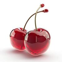 Two glossy, red cherries with green stems glisten against a clean background, showcasing their vibrant color and shiny surface. photo