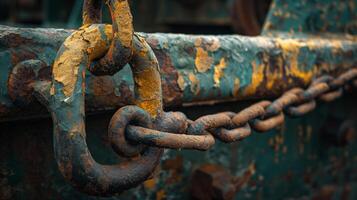Close-up of a weathered, rusted metal chain link with peeling paint, evoking an industrial, vintage feel. photo