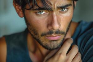 Close-up of a young Hispanic man with intense green eyes and a focused expression. photo