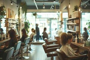 A serene salon scene showing diverse clients enjoying hair treatments in a bright, stylish setting. photo