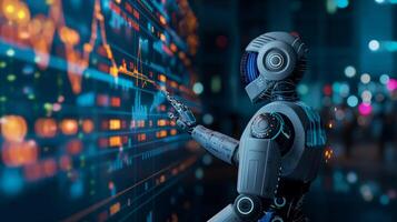 A futuristic humanoid robot analyzing digital data charts in a high-tech environment, showcasing advanced technology and innovation. photo