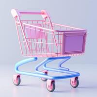 A vibrant pink and blue shopping cart, showcasing a playful design, set against a soft gradient background. photo