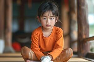 A young Asian boy with black hair sits cross-legged in a warm orange shirt, conveying a thoughtful expression in a serene wooden setting. photo