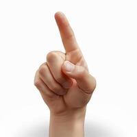 A close-up of a human hand, showing the index finger raised in a gesture of attention or warning, set against a white background. photo