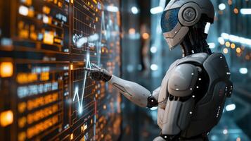 A futuristic robot with a sleek design interacts with a digital interface, showcasing advanced technology. photo
