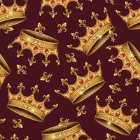 Vintage seamless pattern with medieval golden crown, fleur de lis sign. Chaotic scattered objects on dark red background. Luxury kitsch style. vector