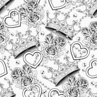 Seamless pattern with crown, scattered pearl necklaces, bouquet of roses. Chaotic scattered objects on white background. Kitsch vintage style. vector