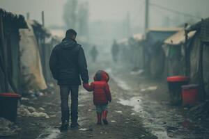 A father and child, walking hand-in-hand through a somber and misty refugee camp, embodying love and resilience. photo
