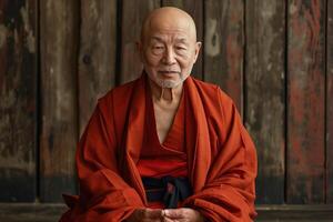 An elderly Asian man in deep contemplation, wearing a vibrant orange robe, surrounded by rustic wooden walls. photo
