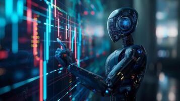 A futuristic humanoid robot interacts with a digital interface, displaying vibrant data visualizations and a sleek design. photo