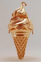 A stunning, glossy golden ice cream cone with swirls and droplets, set against a soft neutral background. photo