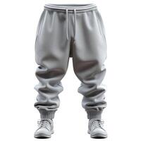 Stylish gray sweatpants paired with trendy white sneakers on a minimalist background. photo