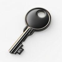 A shiny black key lying on a white surface, symbolizing security and access. photo