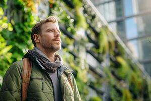 Thoughtful man with a beard standing in a green urban setting, wearing a jacket and scarf, surrounded by lush vertical plants. photo