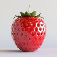 A vibrant, glossy red strawberry with intricate seed patterns and fresh green leaves on top. photo