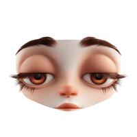 A captivating cartoon-like character face with large, expressive brown eyes and exaggerated features against a white background. photo