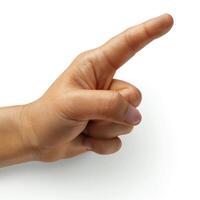 Close-up of a hand gesturing with the index finger pointing upwards, symbolizing direction or emphasis. photo