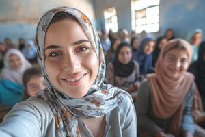 A smiling young Middle Eastern woman in a headscarf captures a joyful moment with classmates in a lively classroom setting. photo