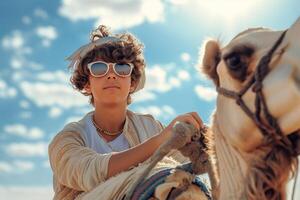 A young Middle-Eastern male with curly hair and sunglasses rides a camel under a clear blue sky. photo
