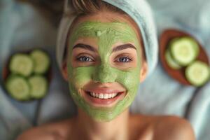 Smiling young Caucasian woman with a green facial mask, enjoying a spa day surrounded by cucumber slices. photo