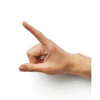 A male hand, with a light skin tone, is making a gesture resembling the letter 'A' against a white background. photo