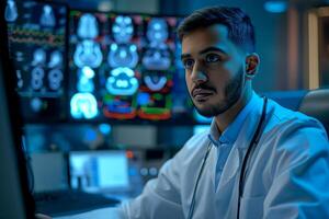 A focused male medical professional analyzes data on a computer screen in a modern healthcare setting. photo