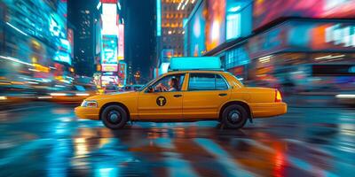 A dynamic shot of a yellow taxi speeding through a vibrant, illuminated cityscape at night, showcasing urban energy. photo