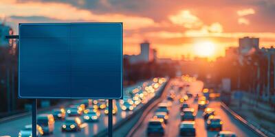 A vibrant sunset illuminates the skyline as cars navigate a busy highway, with a blank traffic sign in the foreground. photo