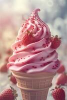 Delicious strawberry swirl ice cream topped with fresh strawberries, served in a classic waffle cone. photo