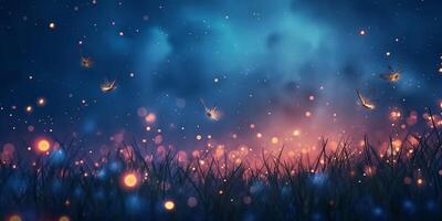 A serene night scene with glowing fireflies dancing over a vibrant meadow, creating a magical atmosphere. photo