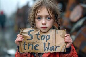 A young Caucasian girl in a tattered coat holding a sign that reads 'Stop the War,' conveying a powerful message of peace. photo