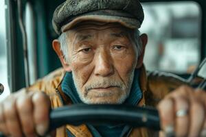 An elderly Asian man intently grips the steering wheel, showcasing wisdom and determination in his expression. photo