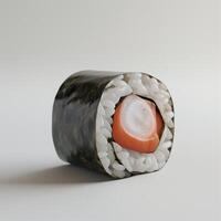 Close-up of a delicious sushi roll featuring salmon and rice, beautifully arranged with seaweed wrap. photo