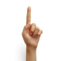 A graceful hand gesture of a woman, signaling 'number one' against a clean, white background. photo