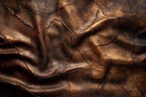 Close-up of a luxurious, crumpled leather texture in rich brown tones, showcasing its unique patterns and intricate details. photo