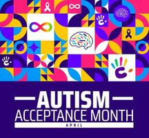 Autism Acceptance Month geometric shape pattern background banner or poster design template. observed every year in April. Holiday concept. Use to any Template, card, poster, placard, template. vector