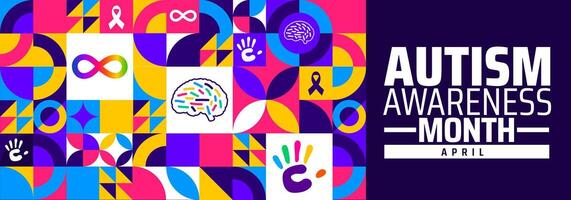 Autism Awareness Month geometric shape pattern background banner or poster design template. observed every year in April. Holiday concept. Use to any Template, card, poster, placard, template. vector