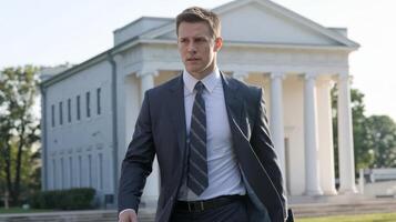 A man in a suit and tie walking in front of a building photo