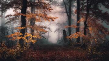 A path through the woods with fog and trees photo